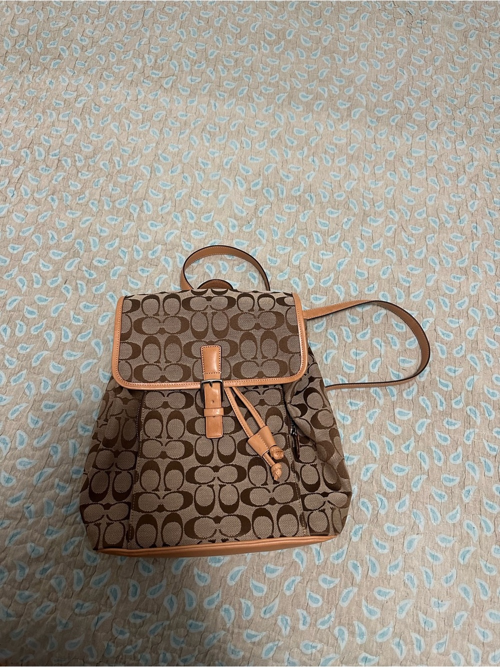 Coach Brown Signature Canvas Backpack with Tan Leather Trim